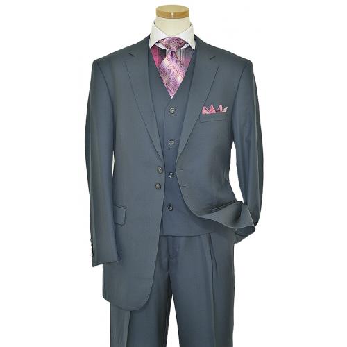 Luciano Carreli Collection Solid Navy Blue Design With Dark Blue Hand-Pick Stitching Super 150'S Vested Suit 6293-2791